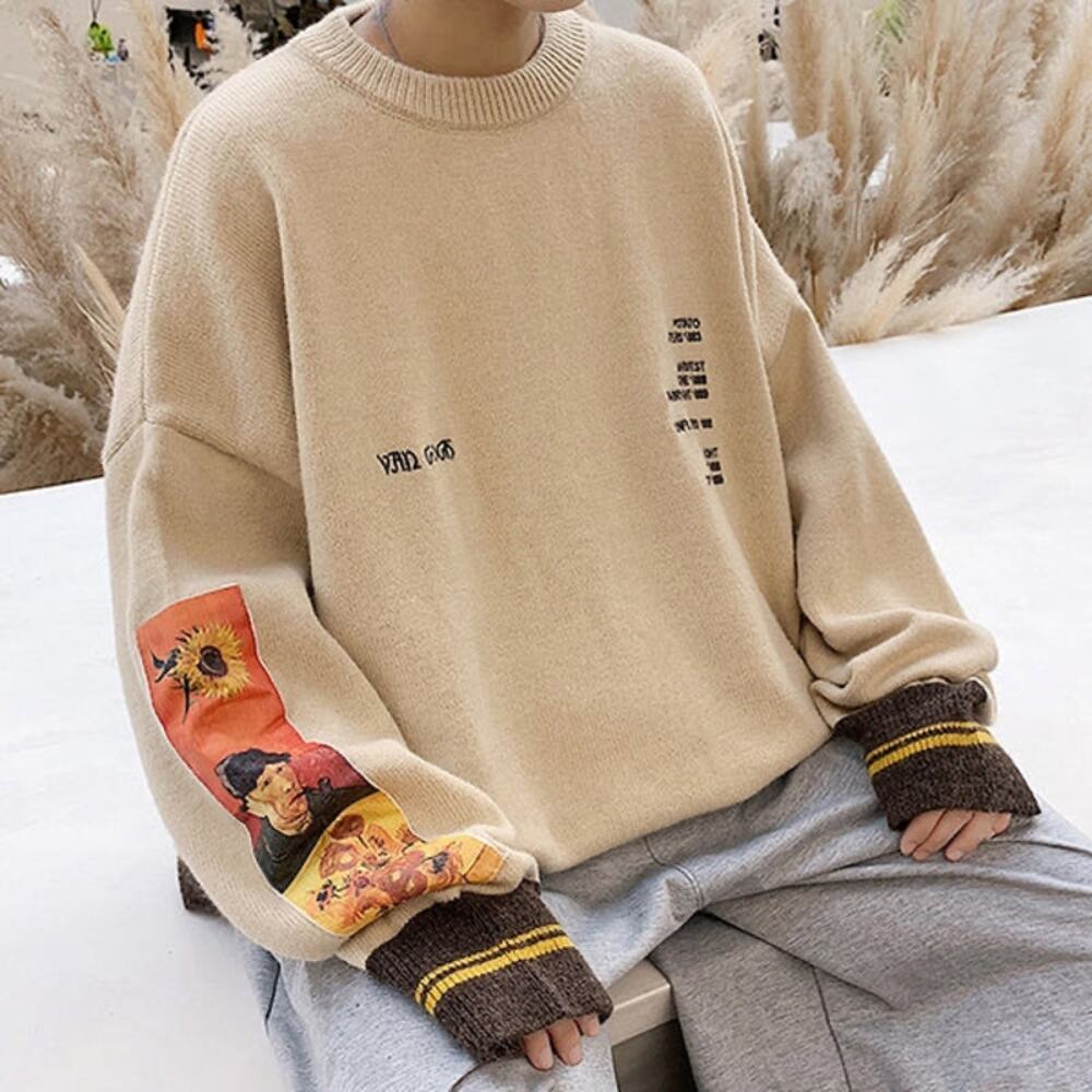 Aelfric Eden Van Gogh Sunflowers Sweater Men’s Oversized Cream Knit Pullover - L